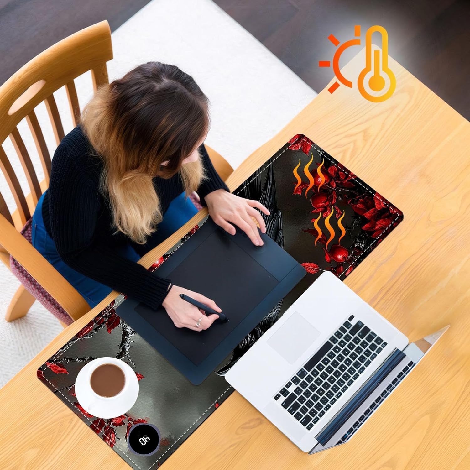 Heated Mouse Pad 31.5x13 in 3-Temp Fast Heating Desk Mat with Auto Timer Warmer for Hands Wrist Pain Relief Waterproof Keyboard Mat for Office, Gaming, Home, Raven Red Berries
