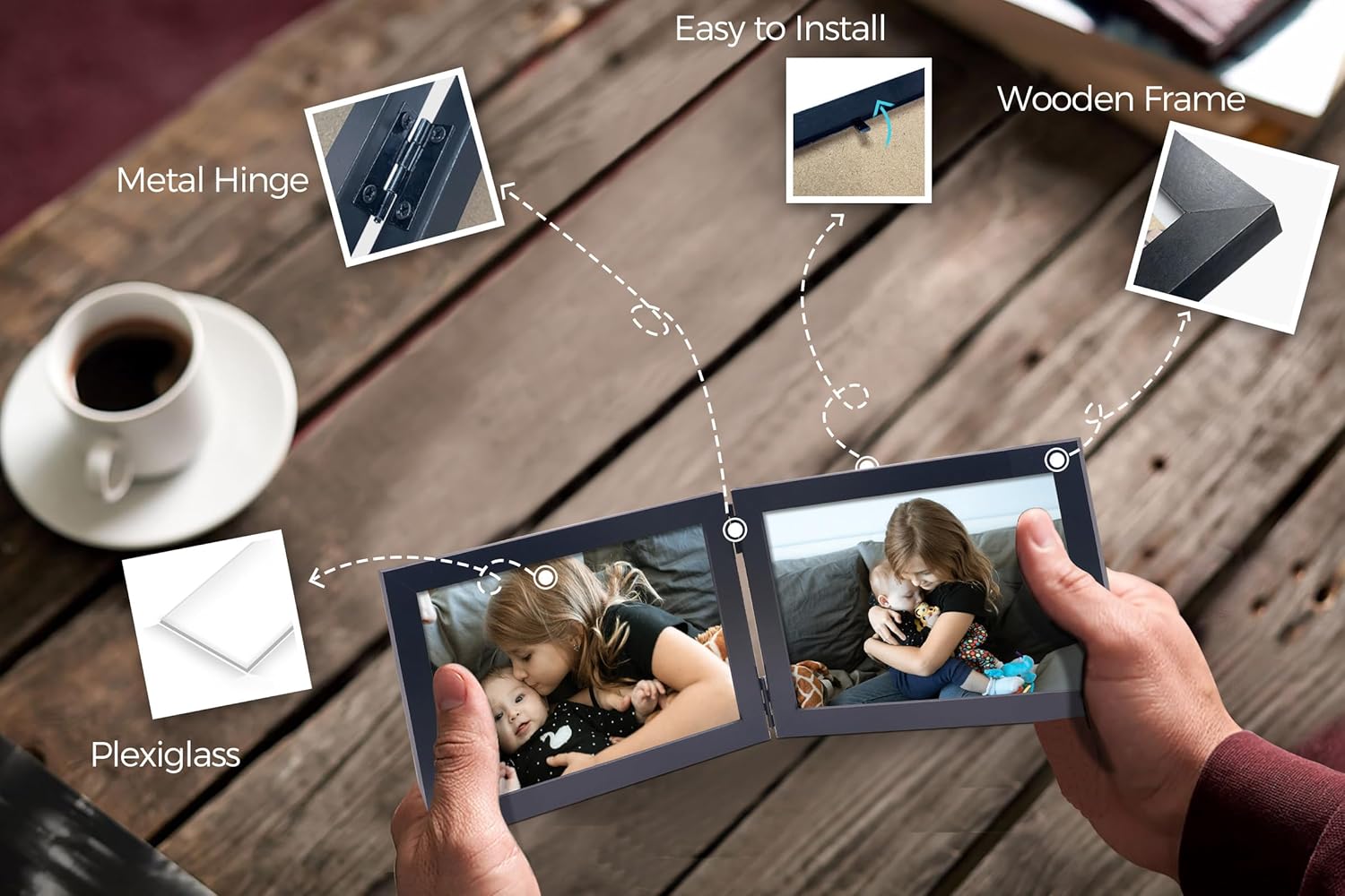 Double 5x7 Horizontal Combo, Black Wood Picture Frame, 4.5x6.5 Opening Foldable Landscape View Photo Frame on Table-top or Wall