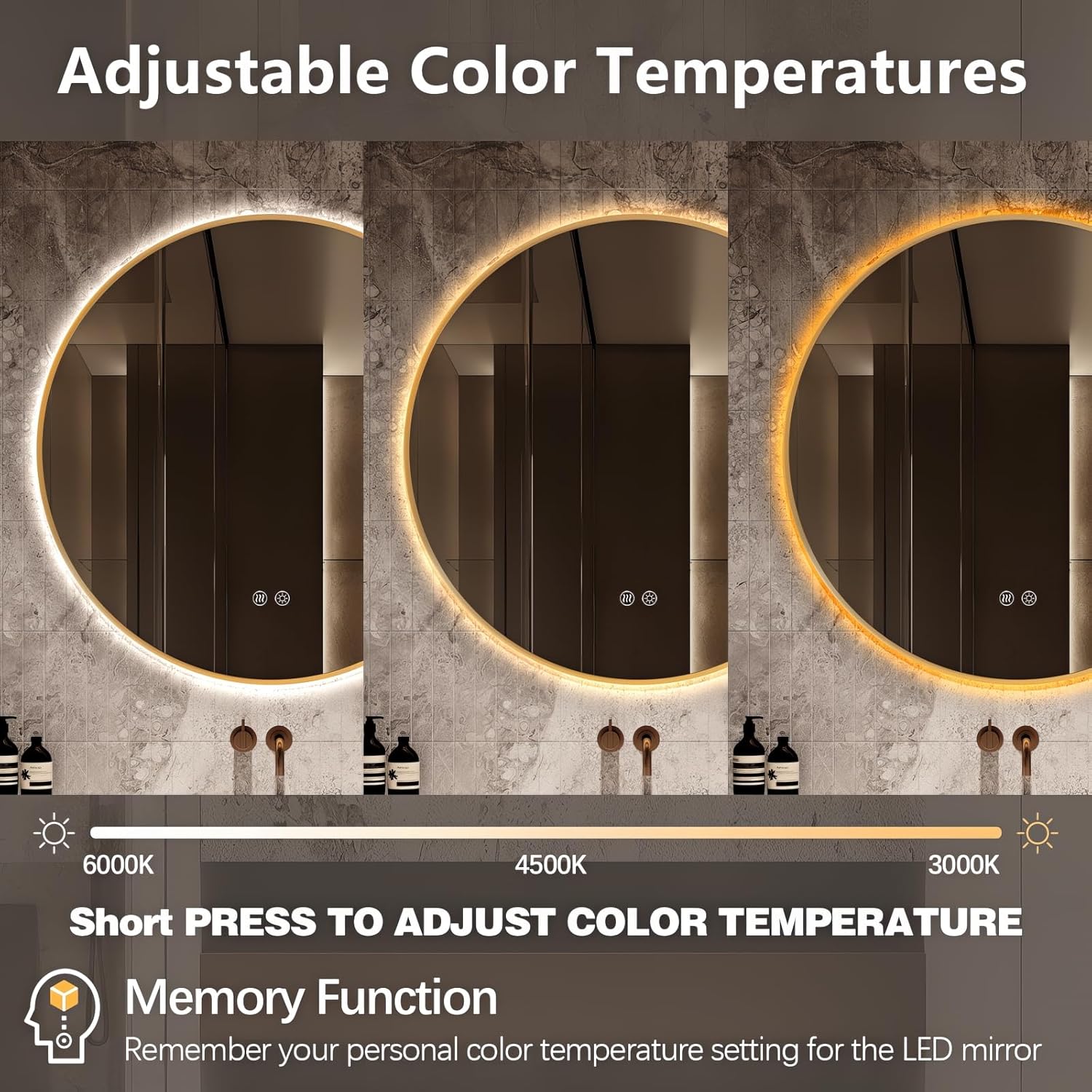 Niccy Round Led Mirror for Bathroom, 30" Backlit Mirror for Wall Circle Lighted Mirror with Gold Frame Anti-Fog, 3 Colors, HD Glass and IP65 Waterproof