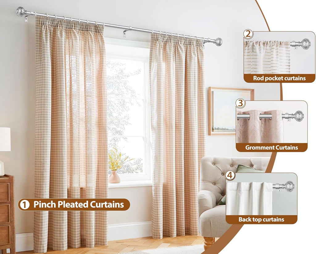TONIAL Silver Curtain Rod 32 to 58 Inches, 7/8 Adjustable Curtain Rods for Windows 20 to 54 Inches, Splicing Drapery Rods Decorative with Netted Texture Finials