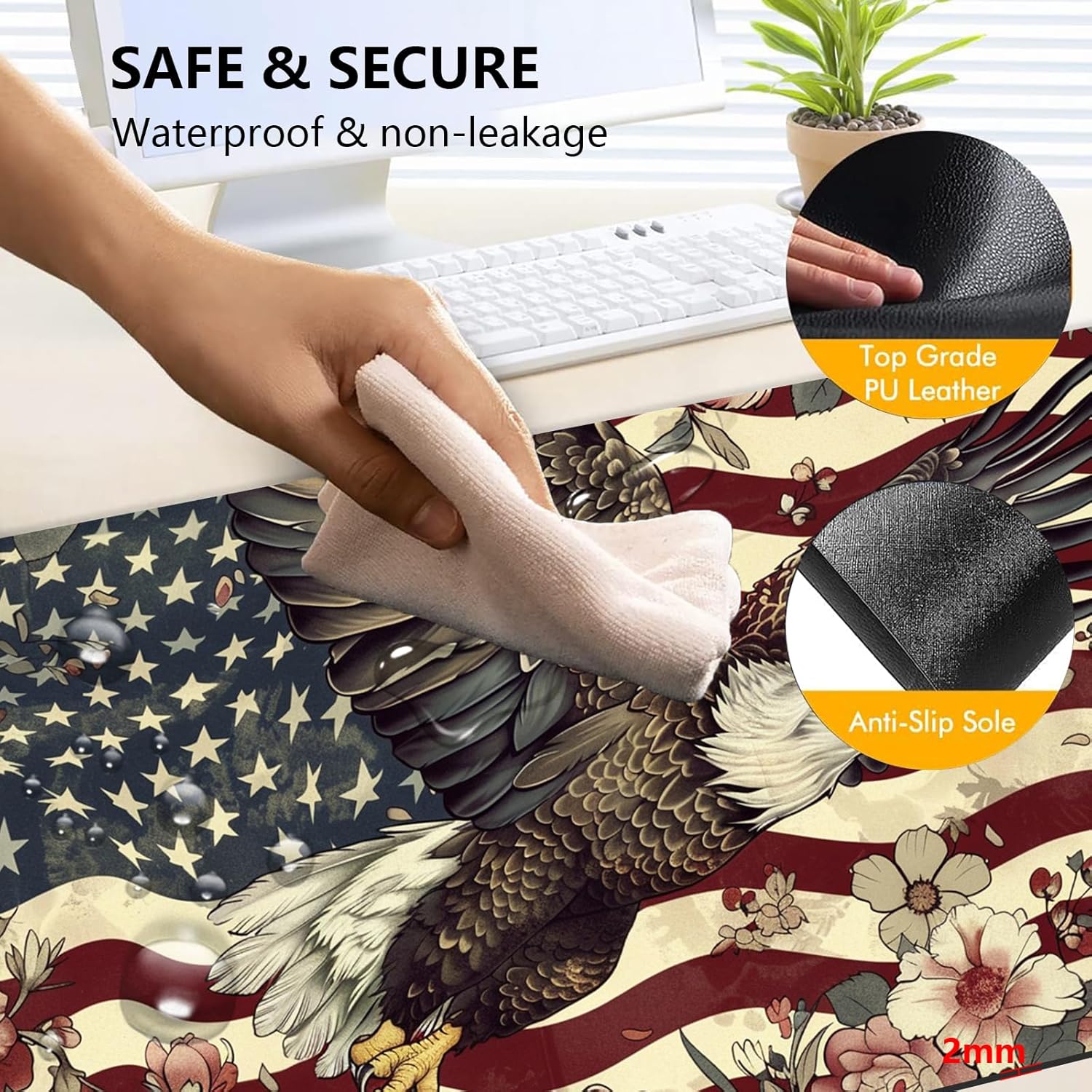 Heated Mouse Pad with 3 Levels Heated & 3 Hours Auto Shut-Off Mouse Pad for Warming Hands in Office Home, 23.6" x 14.2"Large Safe Desk Mat Hand Warmer，Flying Eagle Flag Flowers