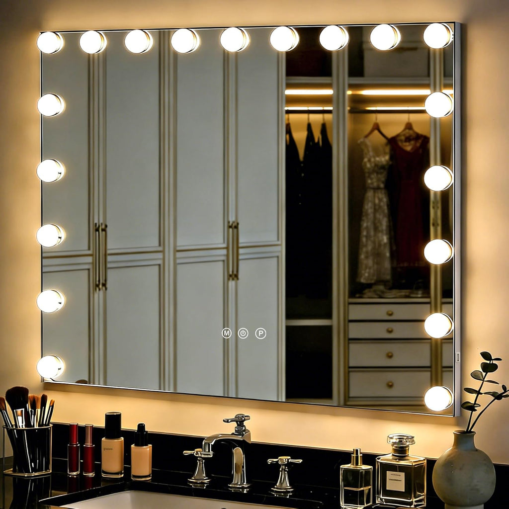 THEKLA 24 x 32 Inch Hollywood Light Vanity Mirror with 18 Bulbs Adjustable 3 Color Lights 32" Vanity Lighted Mirror for Bathroom Bedroom Wall Vanity Makeup Table Mirrors with Lights Base X10 Magnifier