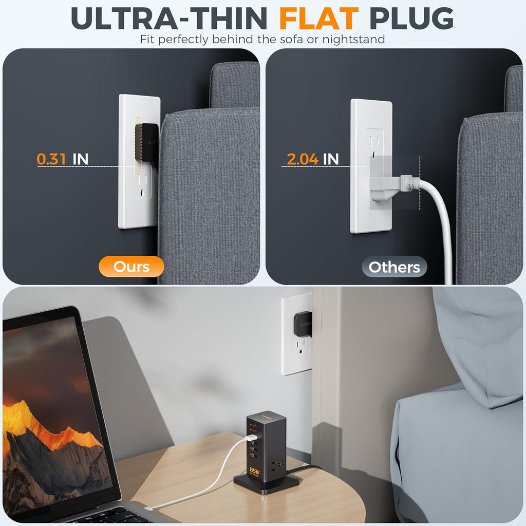 USB Charging Station for Multiple Devices 10Ft Cord, TESSAN 9-in-1 USB C Charger Block PD 65W for iPhone 17/16, MacBook, Tablet, Type C Desktop Charger with 3 AC, Home Travel Office Accessories