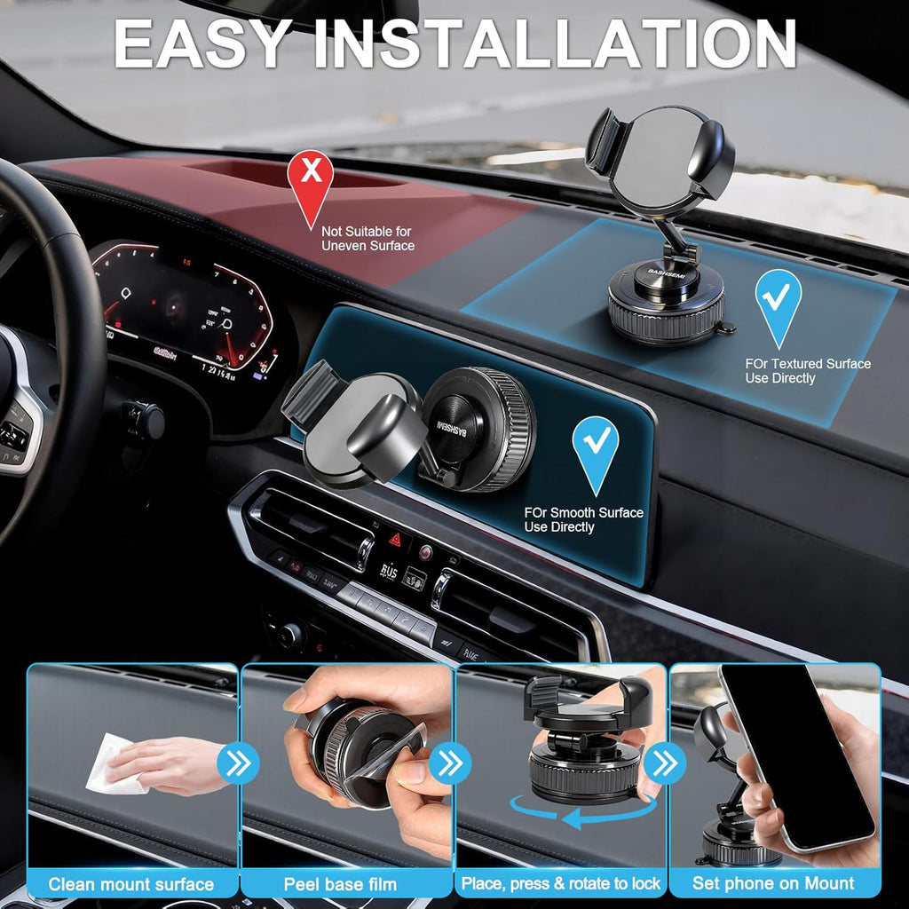 Windshield & Dashboard Rotate-Lock Phone Mount – 360° Rotate Folding Car Phone Holder with Strong Suction Base & Adjustable Arm for Smartphone