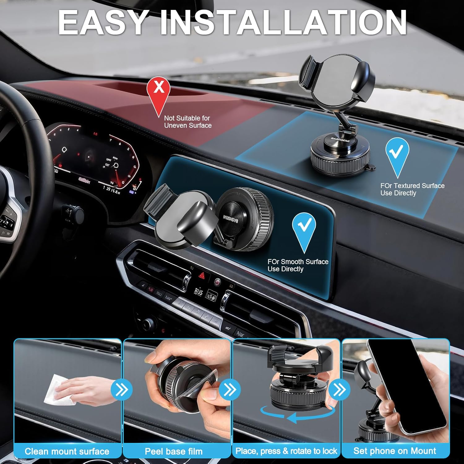 Windshield & Dashboard Rotate-Lock Phone Mount – 360° Rotate Folding Car Phone Holder with Strong Suction Base & Adjustable Arm for Smartphone