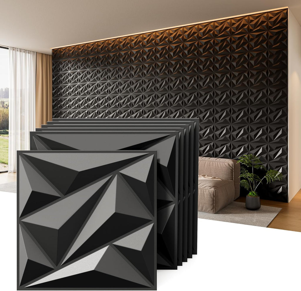 INMOZATA 3D Wall Panels for Interior Wall Decor, 33 Pack 12 x 12 Inch Decorative Wall Panels Diamond 3D Textured Accent Panel for TV, Gaming Living Room, Bedroom Background(Black)