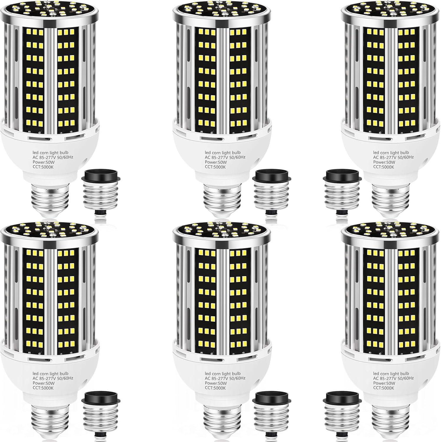 50W LED Corn Light Bulb(6 pack),5000K (500W Equivalent ) Commercial Grade Daylight E26/E39 6500LM Medium Mogul Base LED Lamp,Large Area Lights For Outdoor Indoor Garage Warehouse Factory Bay Light