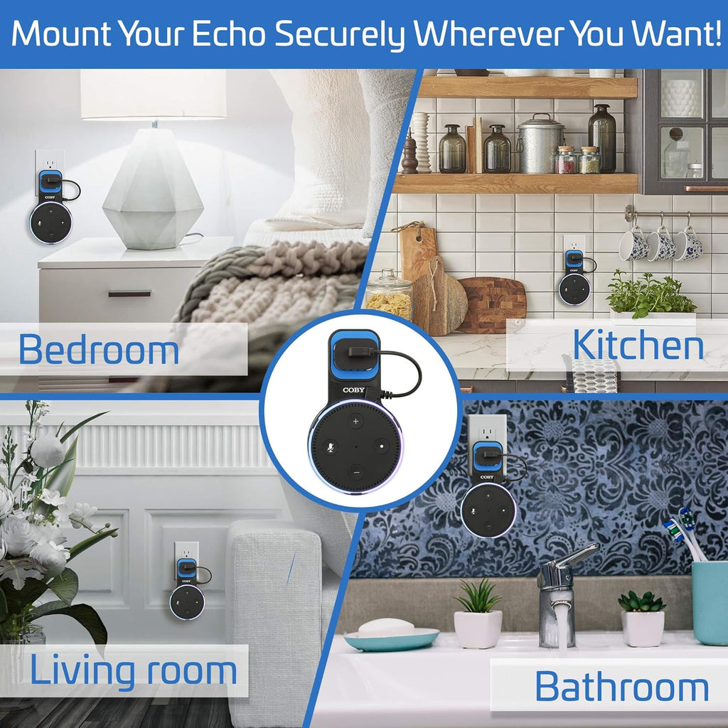 Coby Wall Mount for Echo Dot 2nd Generation, Smart Speaker Holder with Built-in Cable Management, 7.75" USB Charging Cable, Space-Saving Alexa Mount for Kitchen, Bedroom, Office, Bathroom
