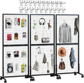 3 Pack Grid Wall Panel Rack, 3x6 Ft Metal Gridwall Display Stand with T-Base Wheels, Heavy-Duty Mobile Freestanding Racks with 20 Grid Hooks, for Retail Store, Craft Show, Boutique, Black