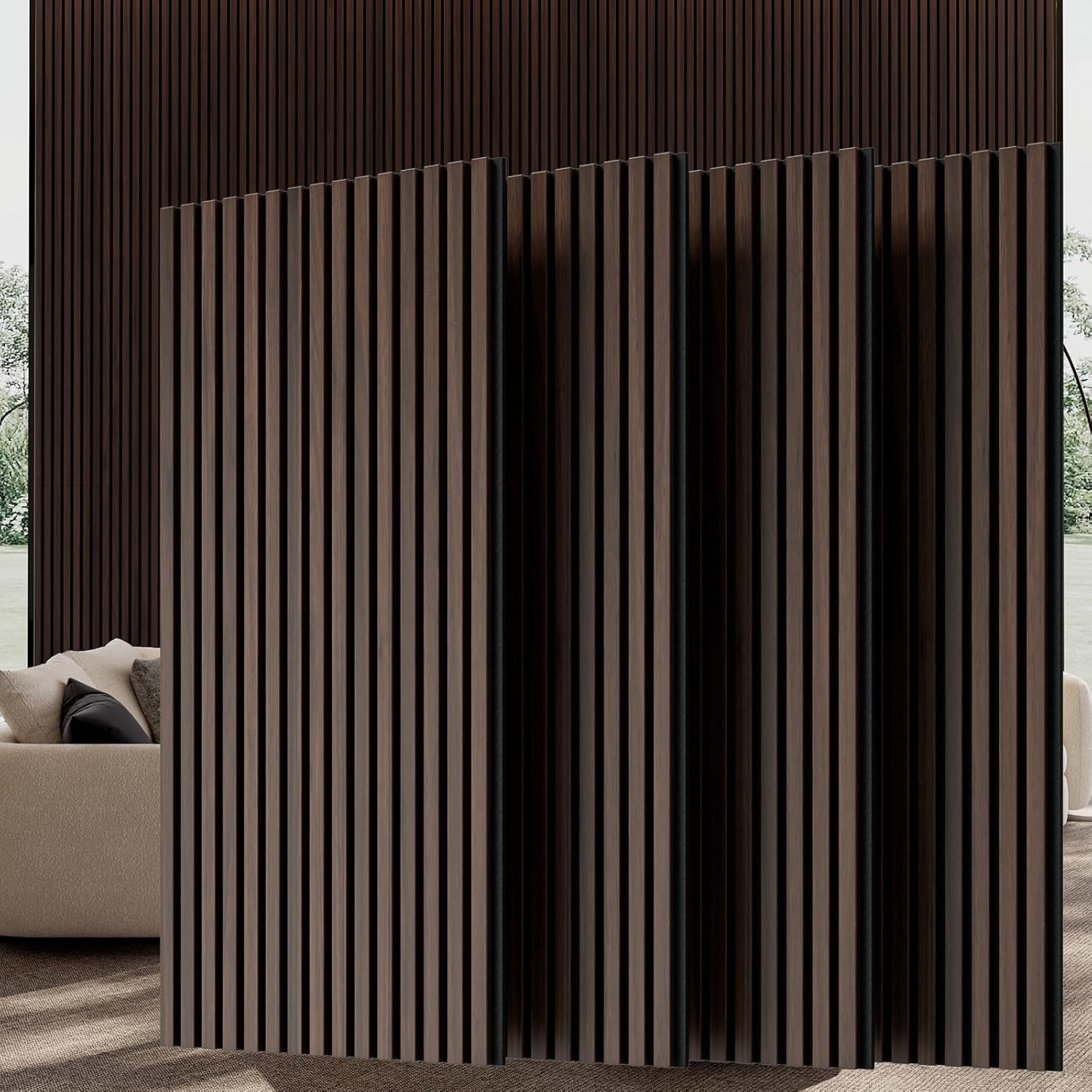Wood Wall Panels, 45.3" x 23.6" Acoustic Panels for Wall and Ceiling, 3D Fluted Sound Absorbing Panel for Interior Wall Decor Noise Reduction (4Pcs-Dark Walnut)