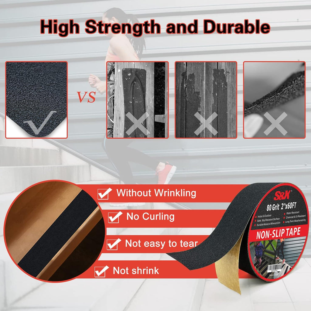 S&X Anti Slip Tape, 2 Inch x 60 Ft Non Slip Tape for Outdoor Steps, Non Skid High Traction Grip Tape for Stairs Waterproof, Corundum Surface, Polyester Film Based, Long-Lasting, Black
