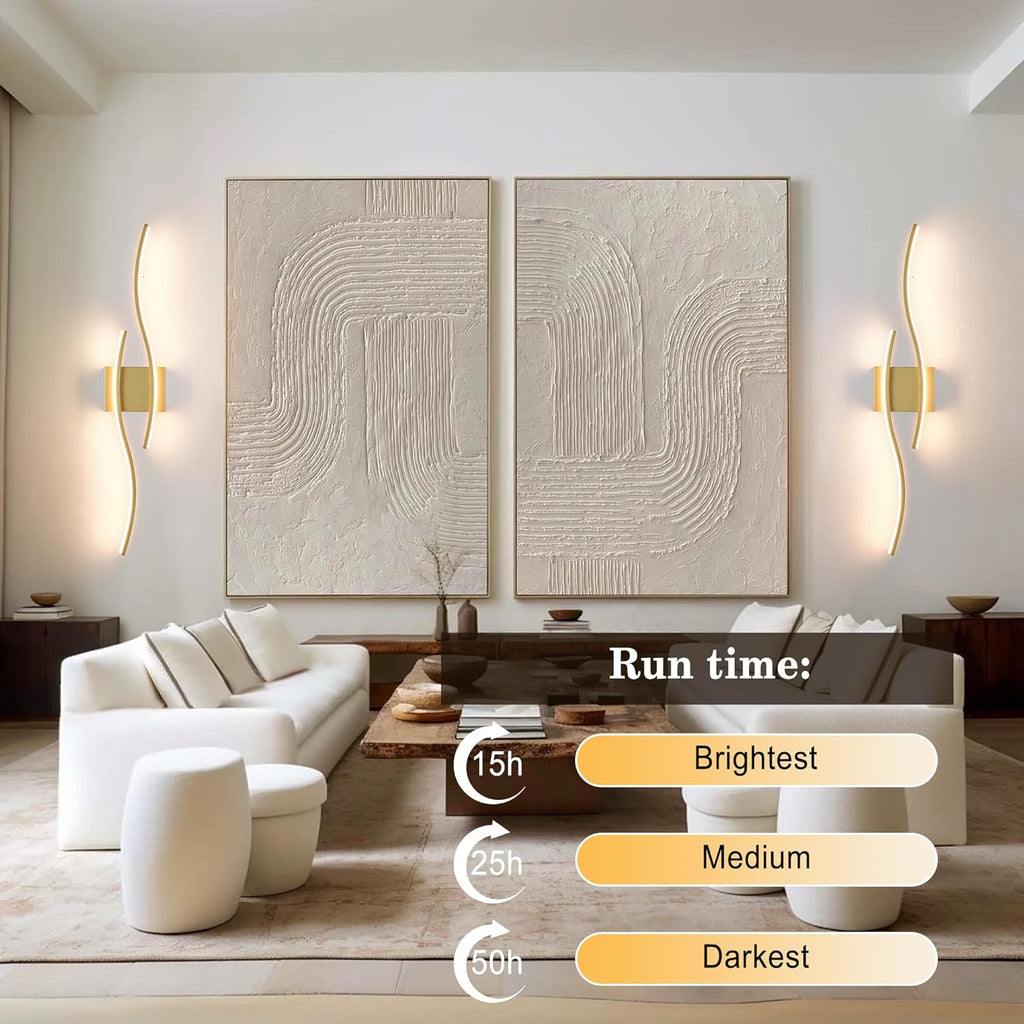 Battery Operated Wall Sconces Set of Two with Remote Control, Dimmable/3 Colors/Night-Light/Timer/Memory, Gold Modern Wireless LED Sconce for Living Room, Hallway, Bedroom, 31.4 Inch (2 Pack)