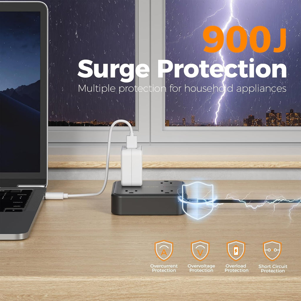 Surge Protector Flat Extension Cord 15FT, TESSAN Flat Plug Power Strip with 4 Outlets 3 USB C Ports (1 USB C), 900 Joules Protection, Multiple Wall Outlet Extender Suitable for Home Office Dorm, Black