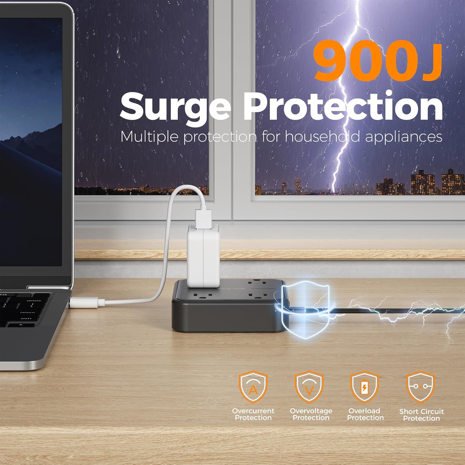 Surge Protector Flat Extension Cord 15FT, TESSAN Flat Plug Power Strip with 4 Outlets 3 USB C Ports (1 USB C), 900 Joules Protection, Multiple Wall Outlet Extender Suitable for Home Office Dorm, Black