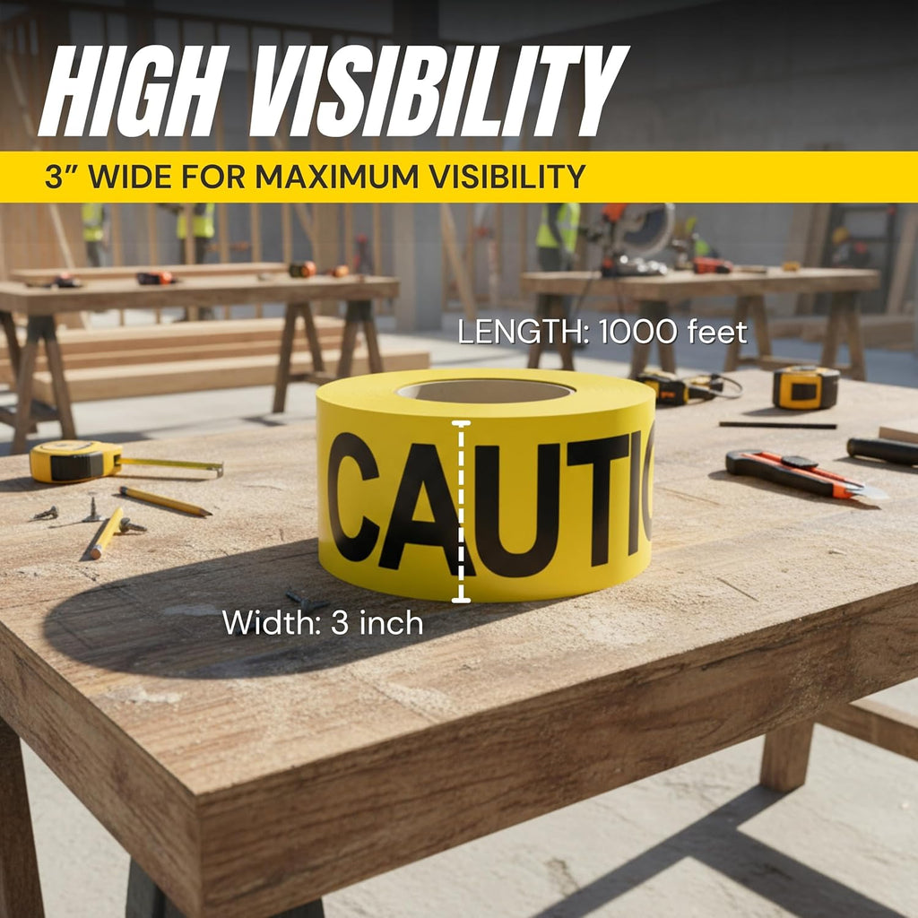 Caution Tape 6 Pack 3 inch x 1000 feet, Bright Yellow w/Bold Black Text, 3" Wide for Maximum Readability Strongest & Thickest Tape for Danger/Hazardous Areas