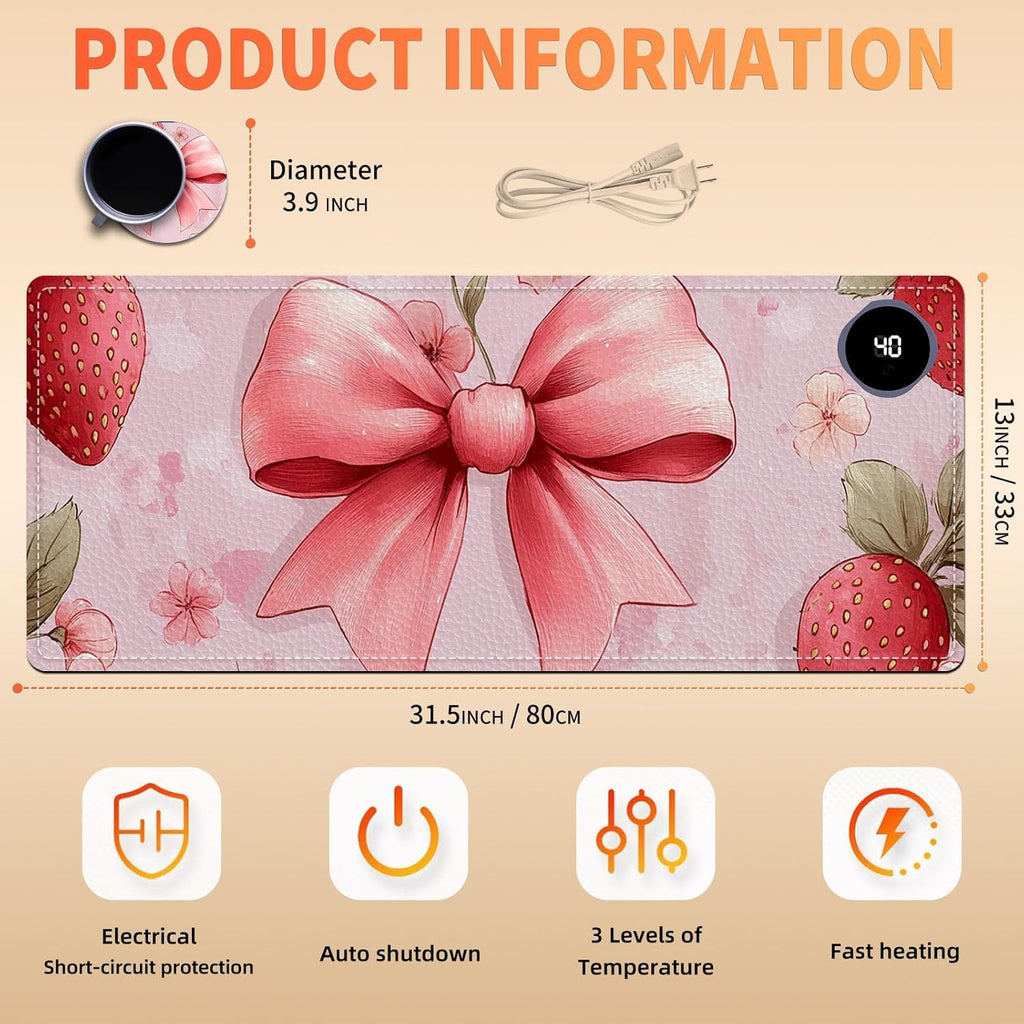 Heated Mouse Pad 31.5x13 in 3-Temp Fast Heating Desk Mat with Auto Timer Warmer for Hands Wrist Pain Relief Waterproof Keyboard Mat for Office, Gaming, Home, Pink Bow Floral