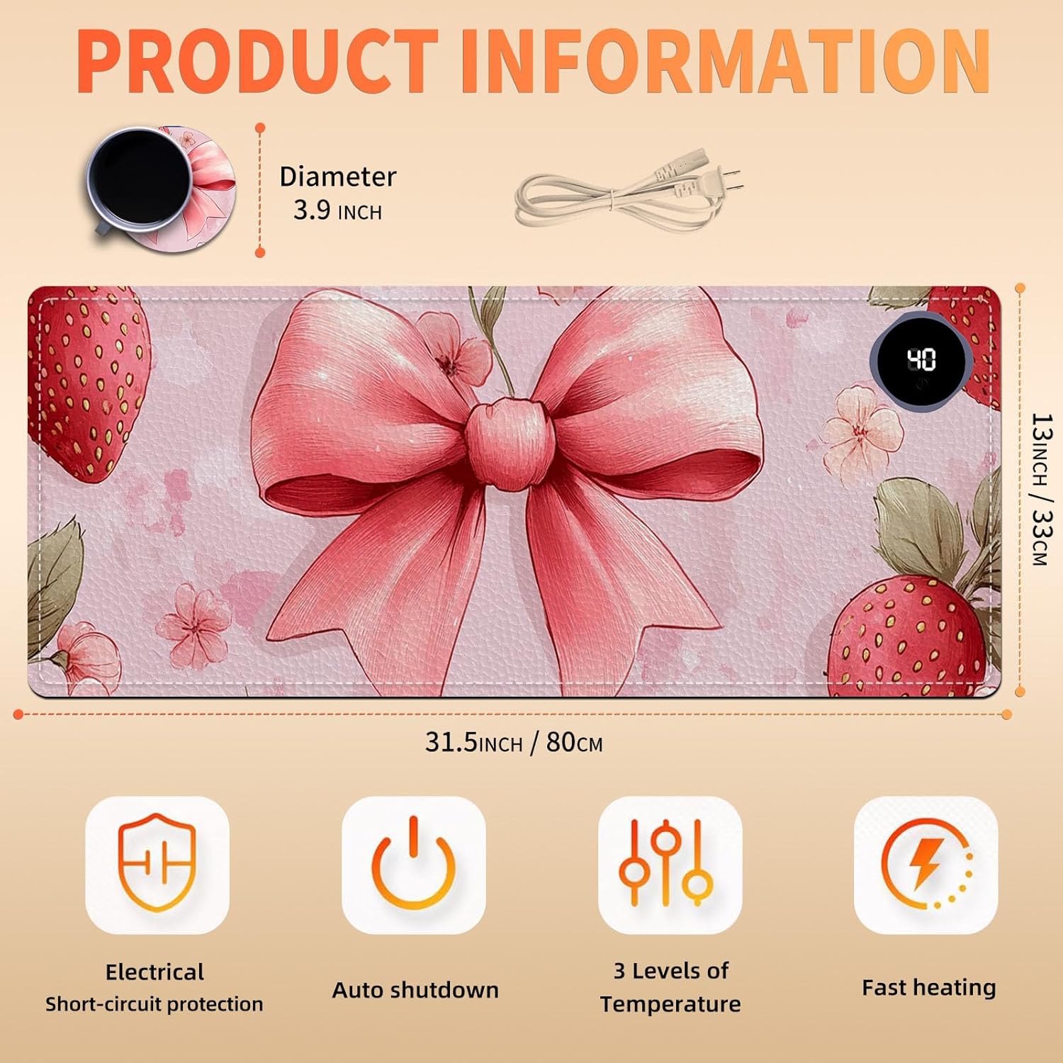 Heated Mouse Pad 31.5x13 in 3-Temp Fast Heating Desk Mat with Auto Timer Warmer for Hands Wrist Pain Relief Waterproof Keyboard Mat for Office, Gaming, Home, Pink Bow Floral