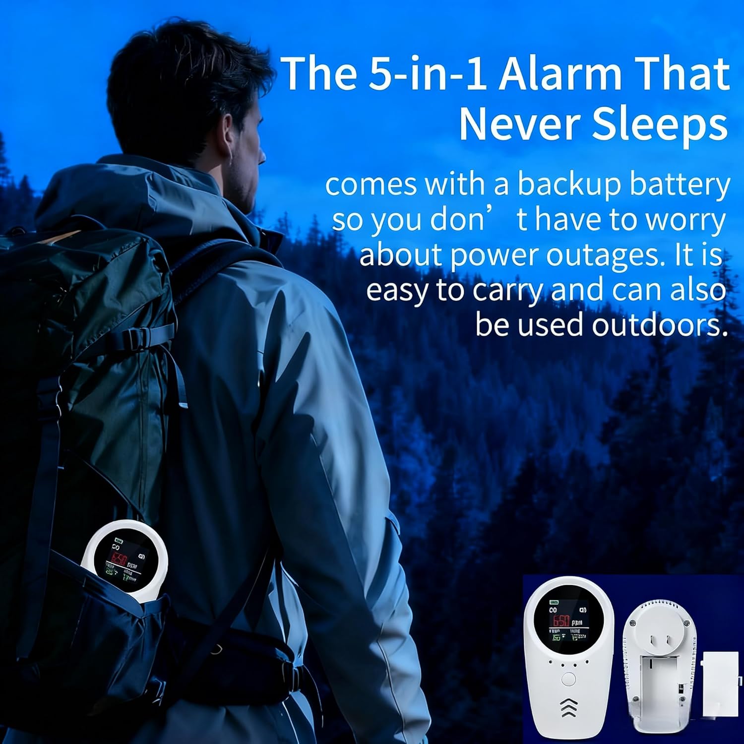 5-in-1 Plug-in & Battery Backup Carbon Monoxide Detectors，Portable Travel Carbon Monoxide Detector, Natural Gas Leak Detector with Temp. Humid. for Home, RV, Camping (Shipping Without Batteries)