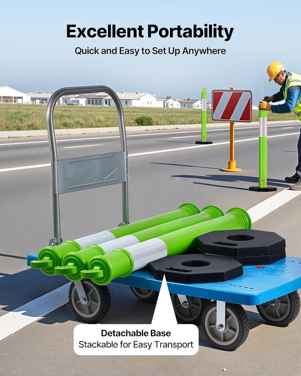 VEVOR 3 Pack Traffic Delineator Posts, 48 inches Traffic Safety Cones with Weighted Base and Reflective Strips, Heavy Duty Delineator Posts for Construction Site, Parking Lot, Crowd Control, Green