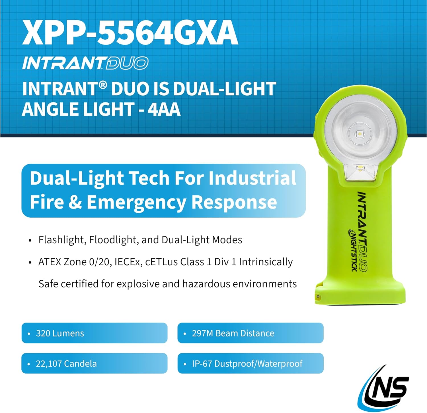 Nightstick XPP-5564 Intrant® Duo Intrinsically Safe Turbo Dual-Light Angle Light - 4 AA