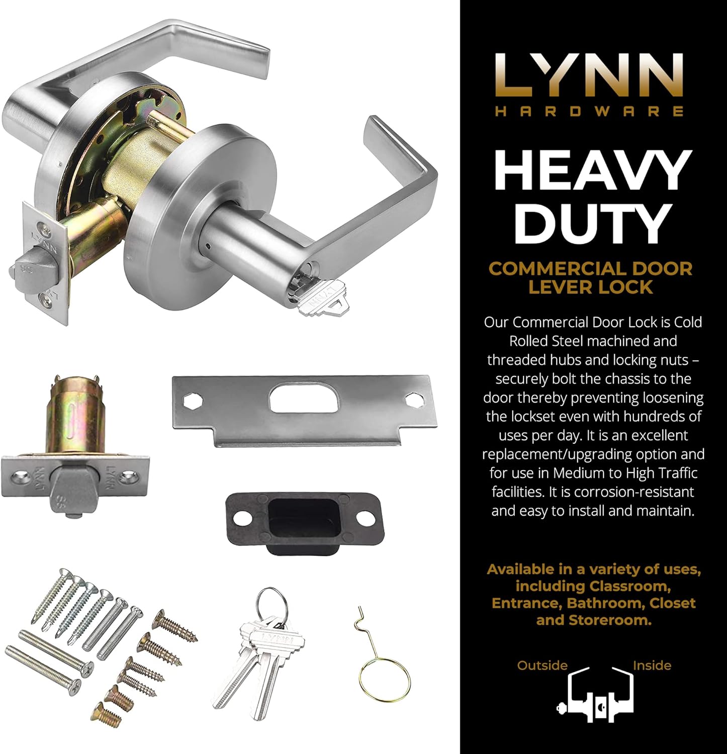 LYNN HARDWARE Commercial Door Lever Lock - Heavy-Duty Locking Door Handle, Designer Door Handles, Cylindrical Lever Lock, Non-Handed Grade 2 Door Handle, Satin Chrome, Entrance/Keylock