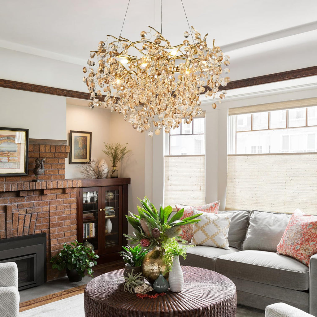 Crystal Gold Chandelier Modern Round Ceiling Pendant Light Fixture Tree Branch Chandeliers for Living Room Dining Room Kitchen Bedroom Hotel