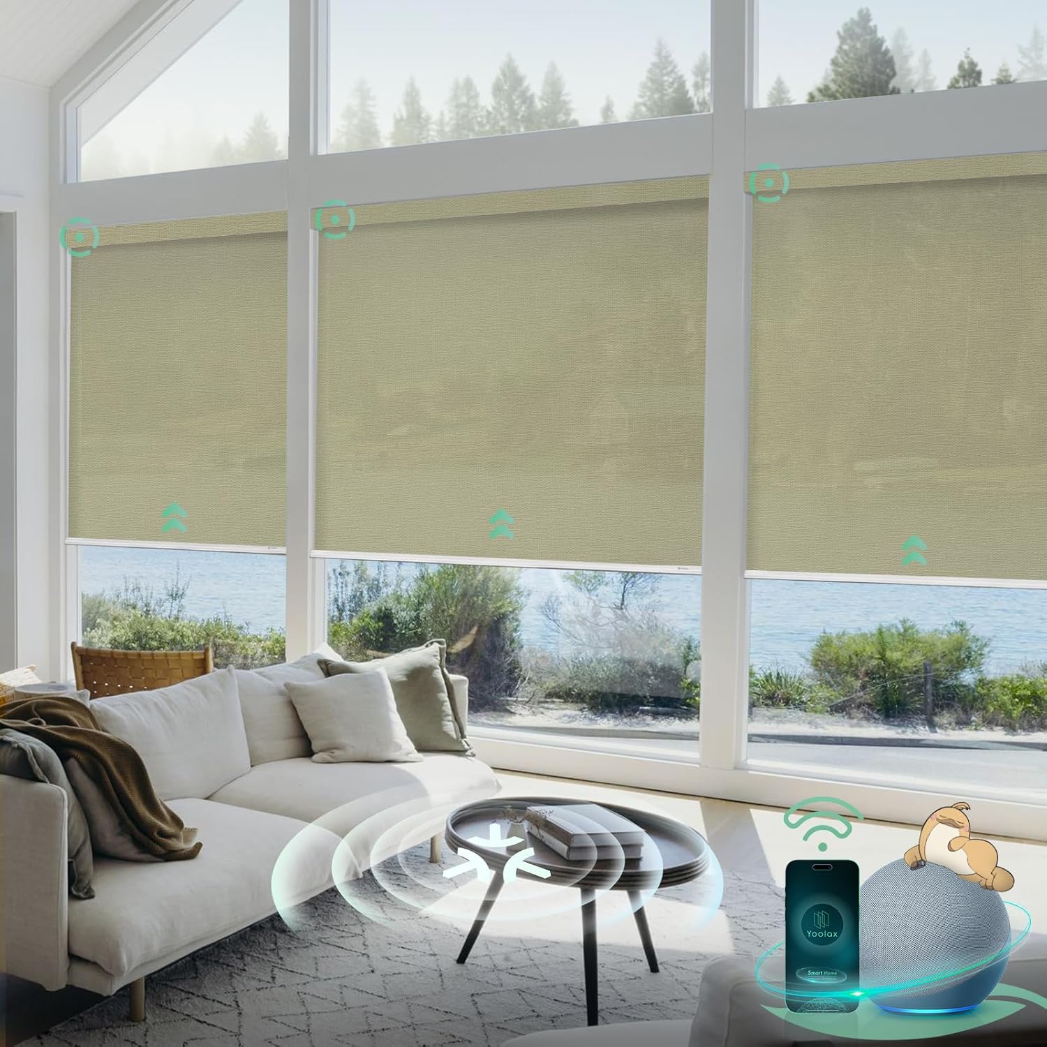 Yoolax Smart Blinds, Motorized Matter Solar Shades Flame Resistat Automatic Blinds for Windows Motorized Shades Compatible with Alexa, Google Home, Homekit(Solar-3% Openness Sunlit Yellow)