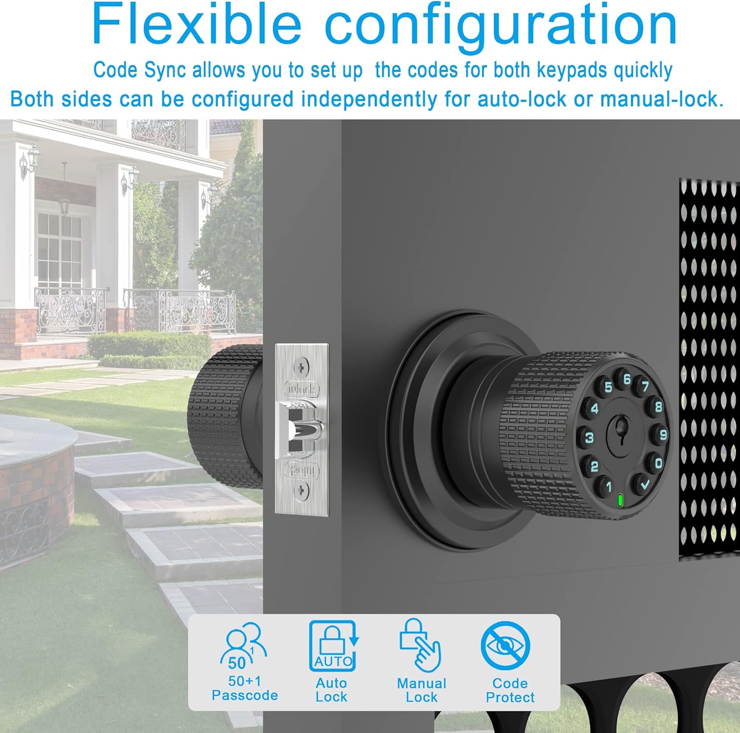 Double Sided Keypad Door Knob with Dual Cylinders and Key Alike, iuknob Keyless Entry Smart Door Lock for Entrance, Fence, Gate, Swimming Pool,Waterproof and Weatherproof for Outdoor & Interior Door.