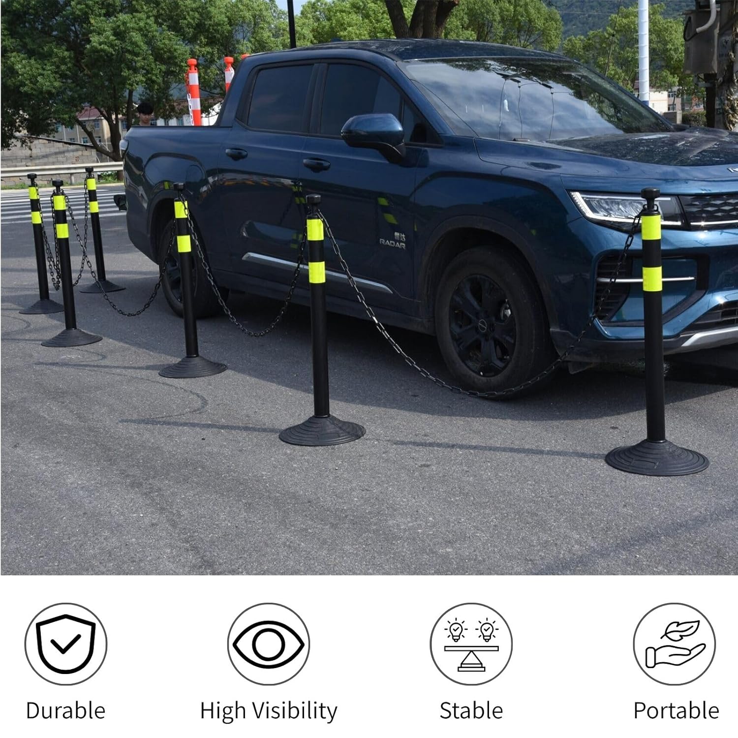 6 Pack Traffic Delineator Post Cones with Plastic Chain Crowd Control Barriers - Expandable 40" Traffic Control Cones, 6 x 6.6 Ft Chains for Indoor & Outdoor Use (Black-Rubber Base)