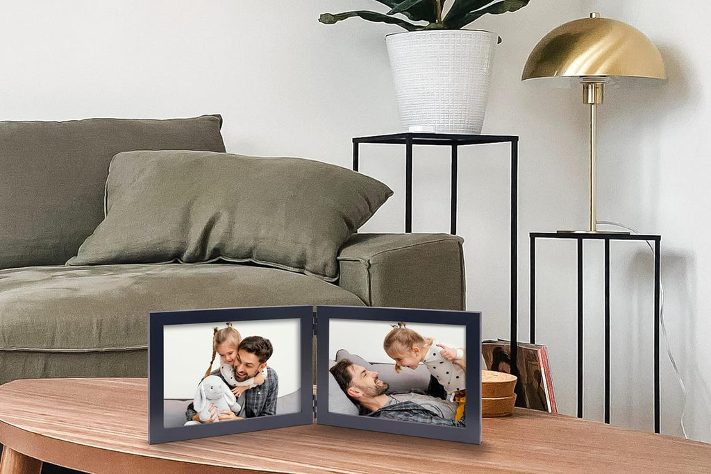 Double 5x7 Horizontal Combo, Black Wood Picture Frame, 4.5x6.5 Opening Foldable Landscape View Photo Frame on Table-top or Wall