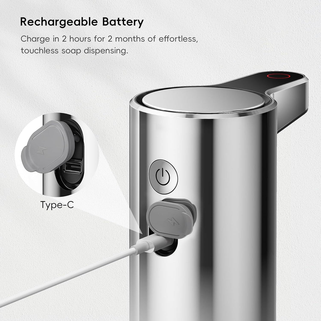 EKO Aroma 9 fl oz Automatic Liquid Soap Dispenser, Rechargeable & Water-Resistant for Kitchen and Bathroom with Adjustable Soap Dispensing Volume Control (Chrome Metallic)