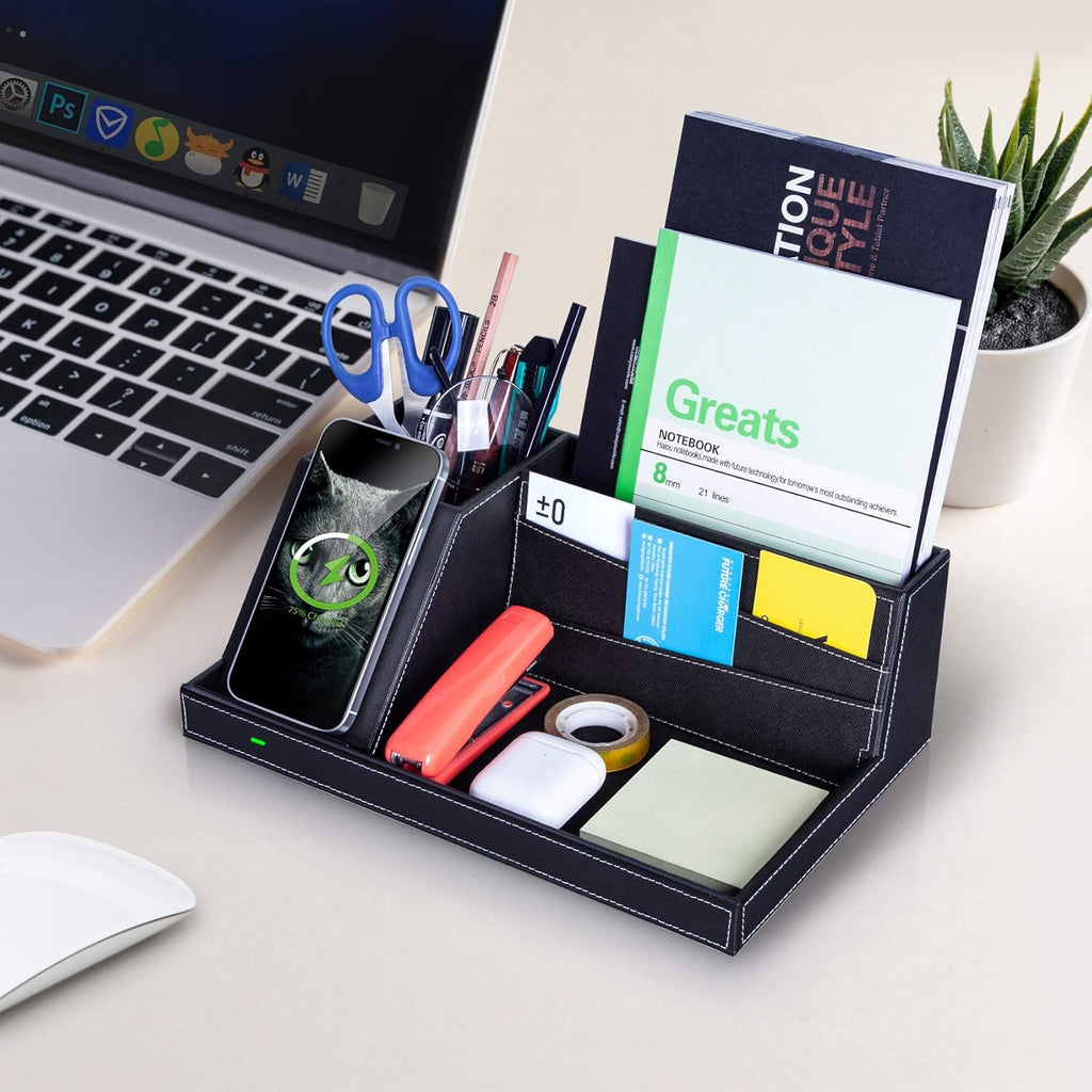 Valet Tray, Built in Wireless Charging Pad, Nightstand Organizer, Dresser Organizer, Mens Jewelry Box, Valet Charging Station, Faux Leather Valet Tray for Men and Women (Black+Wireless)