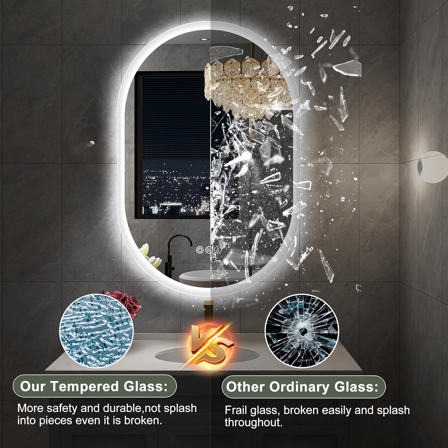 S'bagno 24x40 Oval LED Bathroom Mirror with Lights, Anti-Fog, Bluetooth Speaker, 3 Colors Temperature & Dimmable, Lighted Mirrors for Bathroom Wall with Memory Function, Waterproof, Shatter-Proof