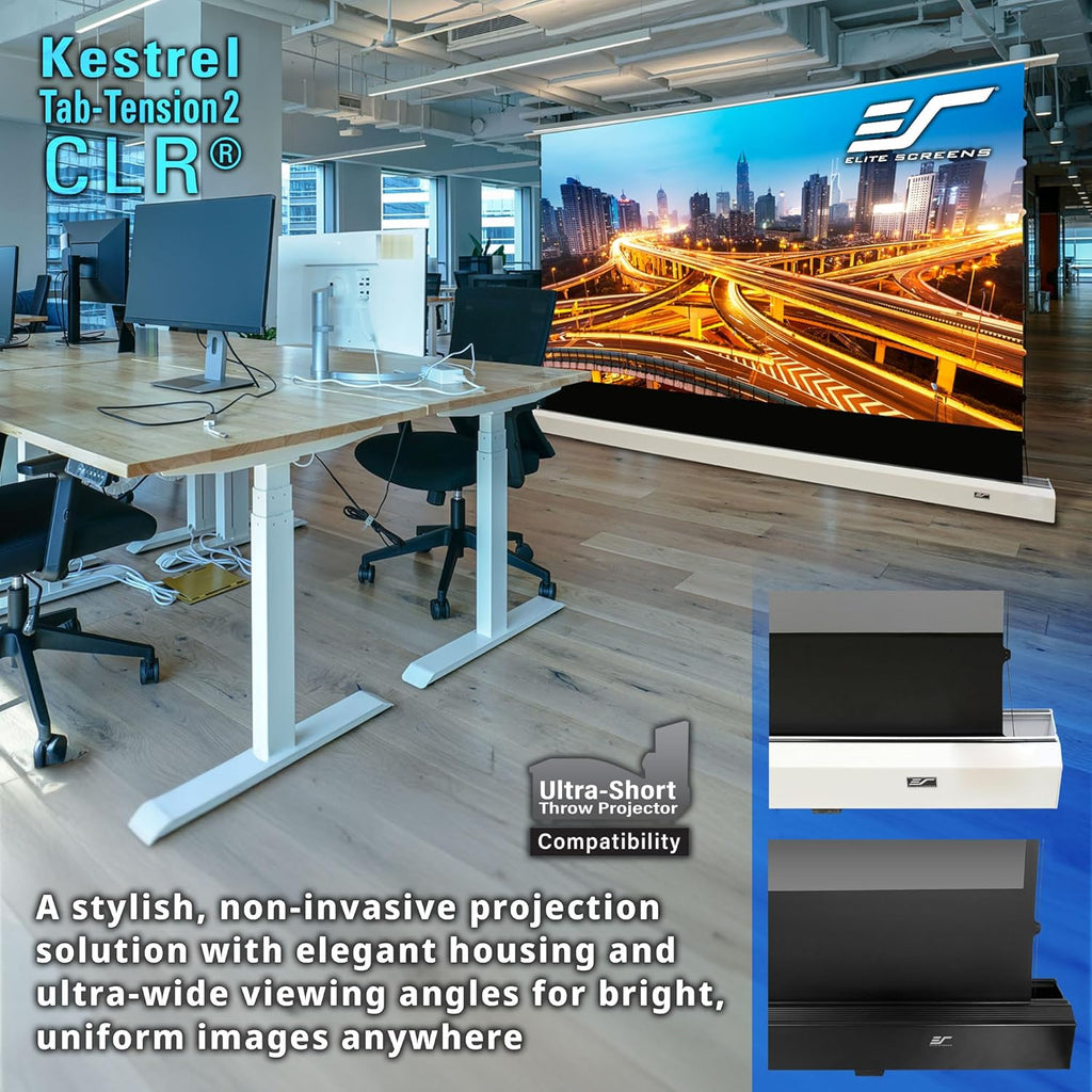 Elite Screens Kestrel Tab-Tension CLR, 101 inch 16:9, Ultra-Short Throw Ceiling Ambient Light Rejecting ALR Electric UST Floor-Rising Projection Motorized Front Projector Screen, FTE101UH3-CLR, Black