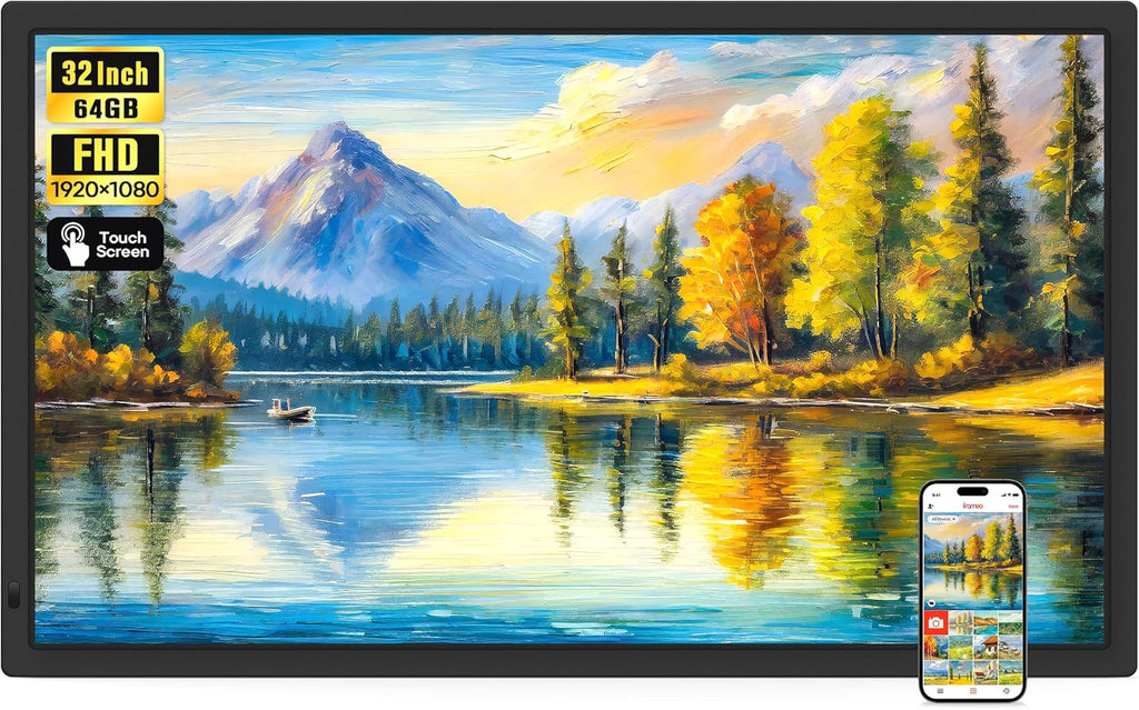 Frameo 32" Extra Large Digital Picture Frame WiFi 64GB, 1920 x 1080 FHD IPS Touch Screen Electronic Photo Frames, Wall Mounted, Auto-Rotate, Support USB and SD Card, Share Photos Videos Instantly