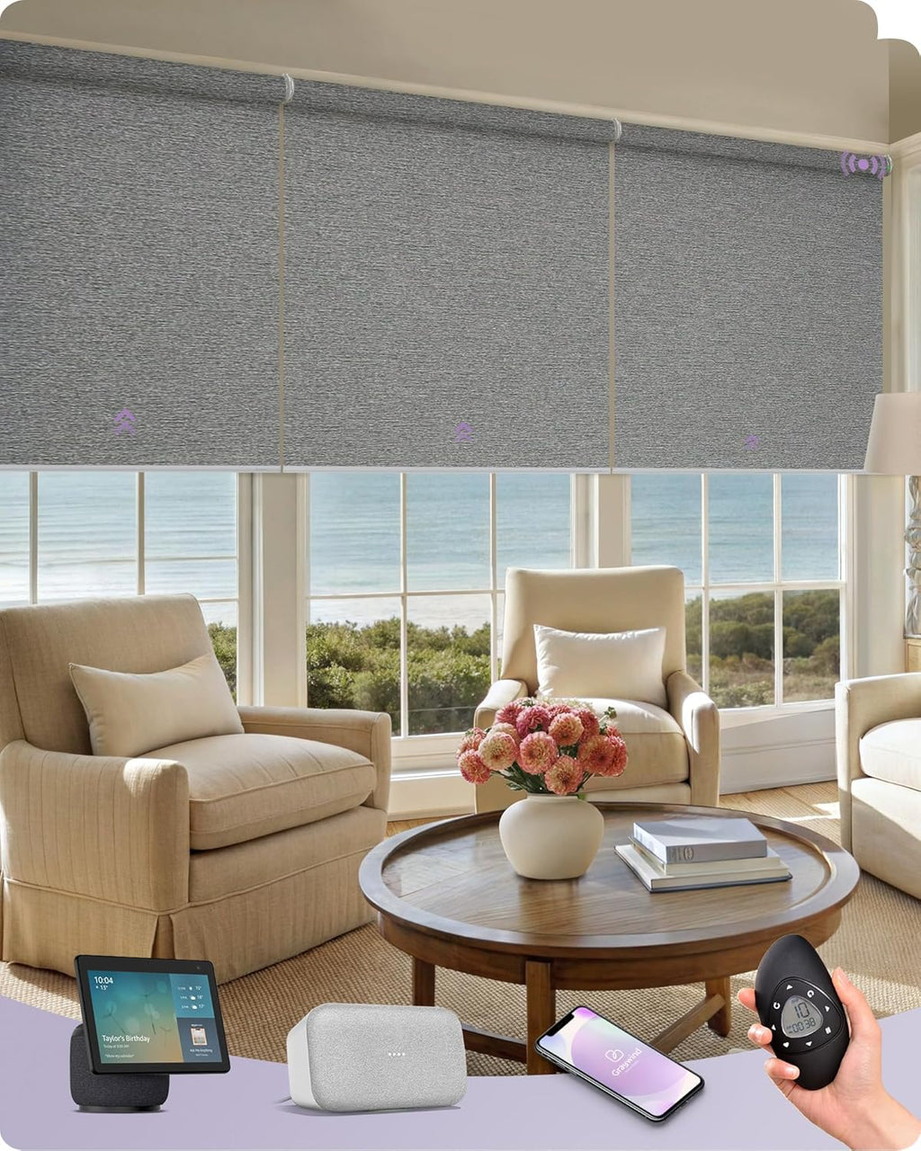Graywind Smart Coupled Roller Shades Compatible with Alexa Google Custom Size Extra Large Motorized Blinds for Windows(Striped Grey)