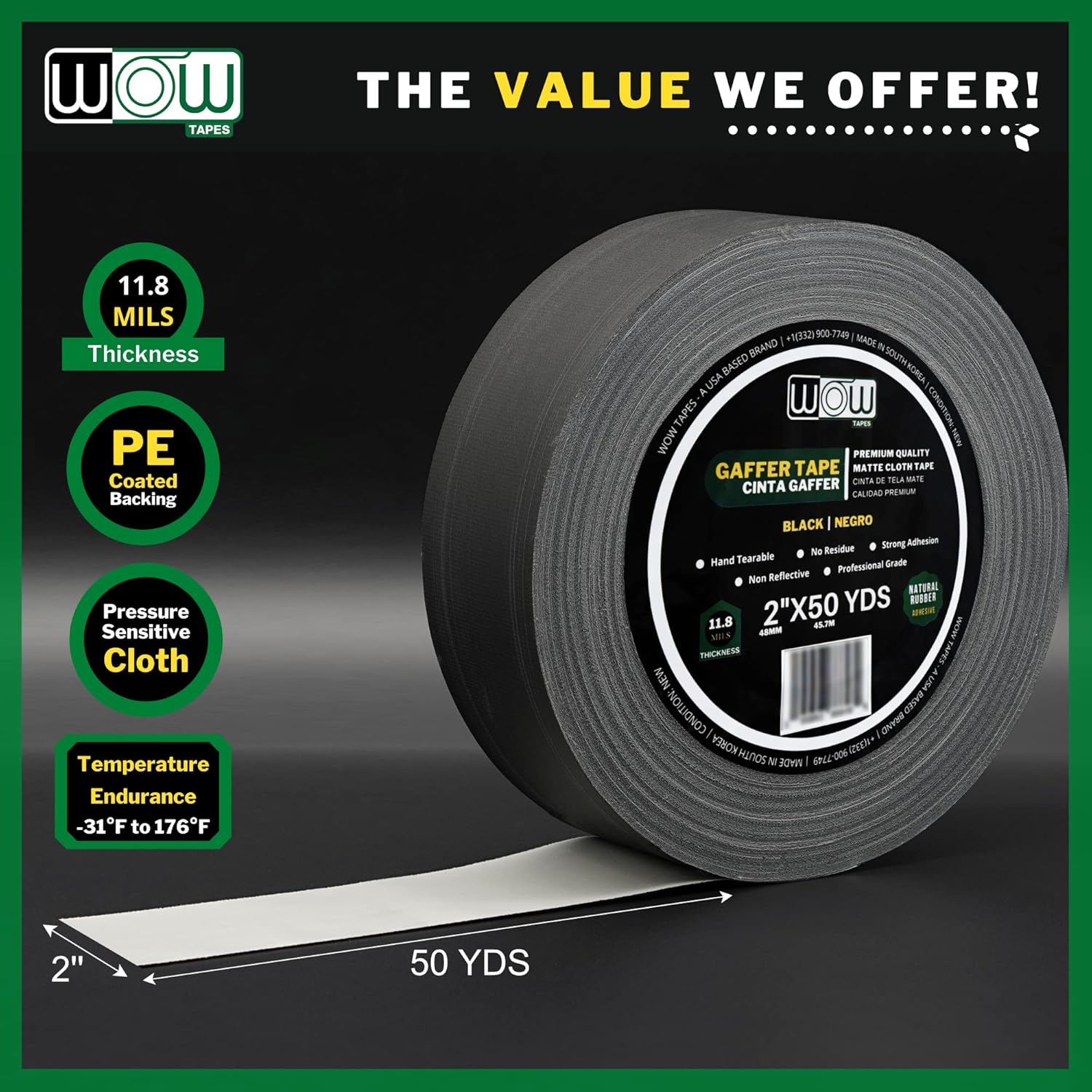 Wow Gaffers Tape 2 Inch Black - 50 Yards, Residue Free, Non-Reflective & Heavy-Duty - Professional Grade Gaff Tape - Ideal for Photography Backdrop, Cables, Cords & Floor Taping