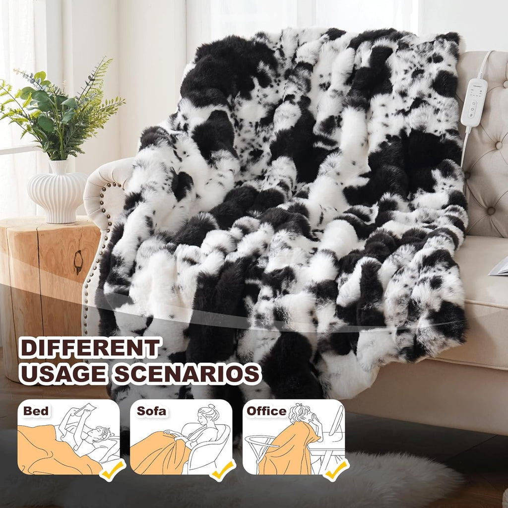 Cow Print Heating Throw Blankets Luxurious Western Soft Bubble Faux Rabbit Fur 8 Heat Settings Overheat Protection Quick Heating Electric Heated Blanket 50"x60"(Black)