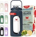 64 oz Glass Water Bottle – Dark Blue | Large Borosilicate Glass Jug with Straw & Time Marker – Leakproof, Travel-Ready Hydration for Sports, Gym, Daily Use
