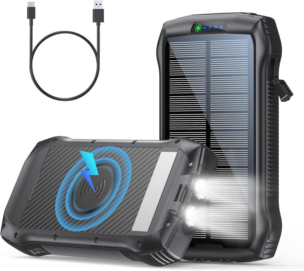 Solar Charger Power Bank, 40000mAh Wireless Portable Charger QC3.0 PD 20W Fast Charging with USB-C in/Output, External Battery Pack with Dual Flashlights Hiking Camping Essential