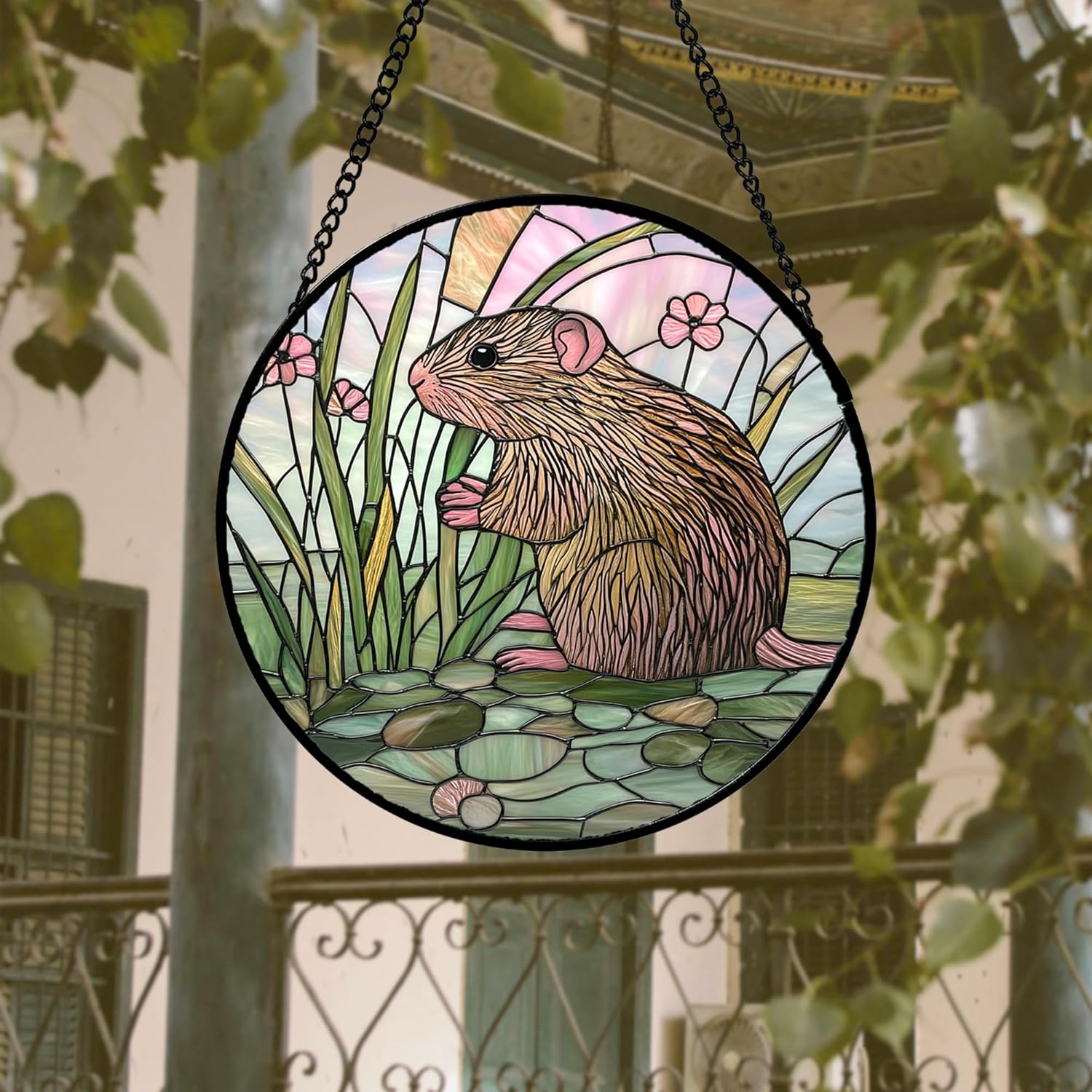 Stained Glass Window Hanging 4 Pcs Set Cute Animal Large 11.8"- Green Plant Pink Suncatcher Door Garden Sun Catcher Decor Birthday Christmas for Mom Woman Nana Men Friend