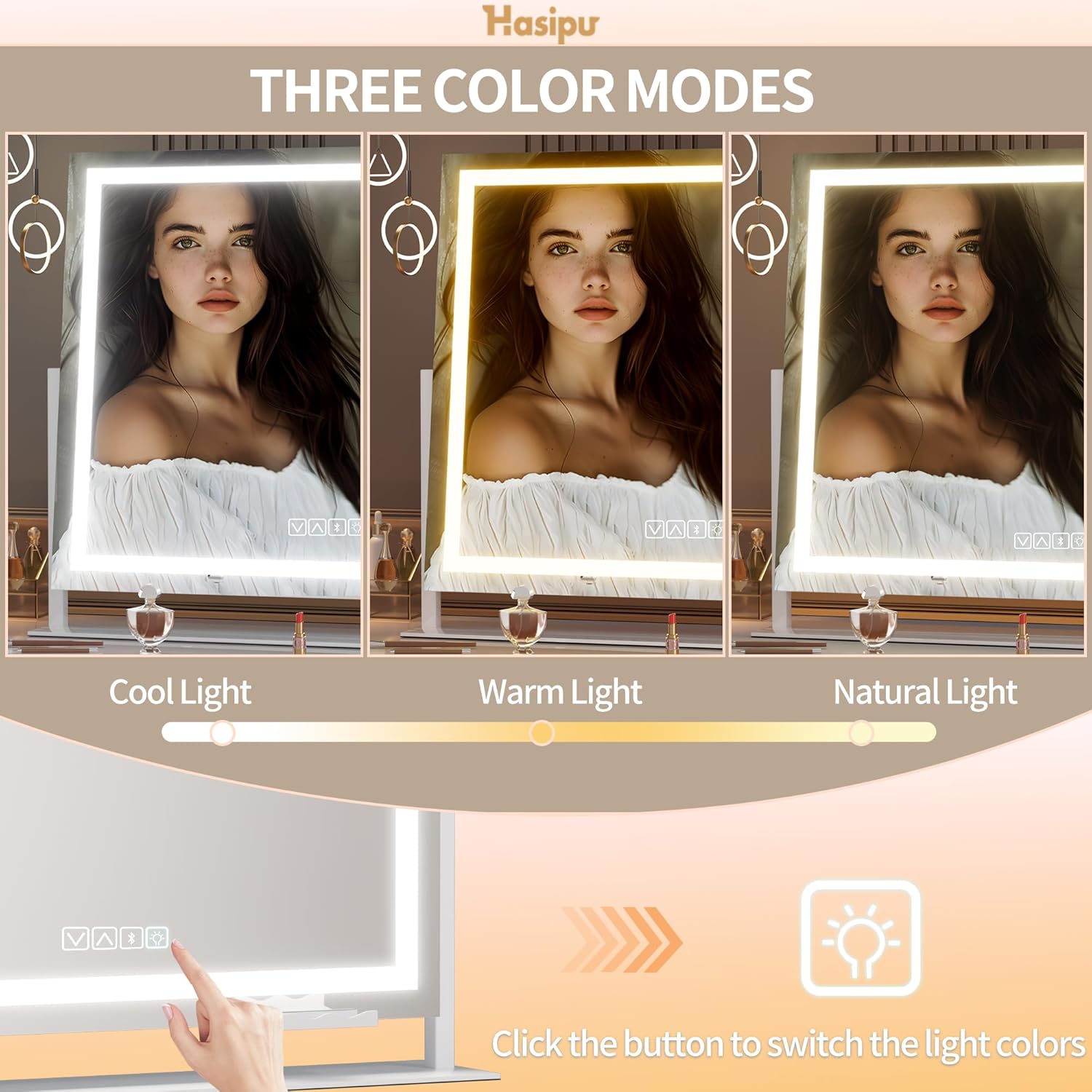 Hasipu Vanity Mirror with Lights and Bluetooth Speaker, 29.5" x 21.3" LED Makeup Mirror, Light up Mirror with 10X Magnification, USB Charging Port, Smart Touch 3 Colors Dimmable (White)