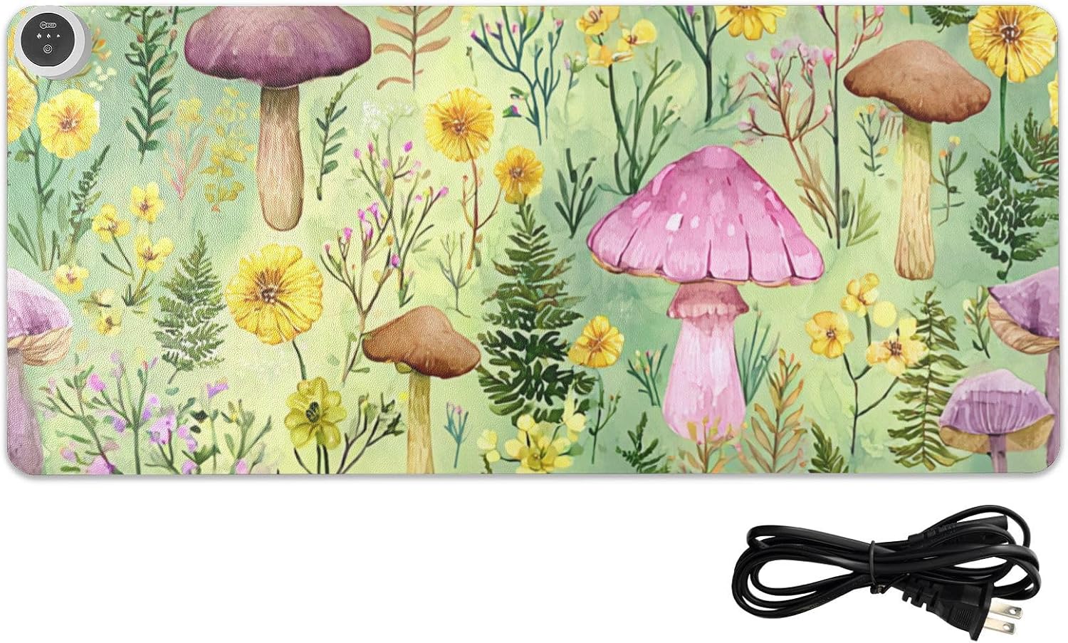 Heated Desk Pad Mouse Pad 31.5x13 Inch PU Leather Desk Mat with 3 Heat Levels Large Mouse Gaming Computer Laptop Mat Watercolor Mushrooms Green