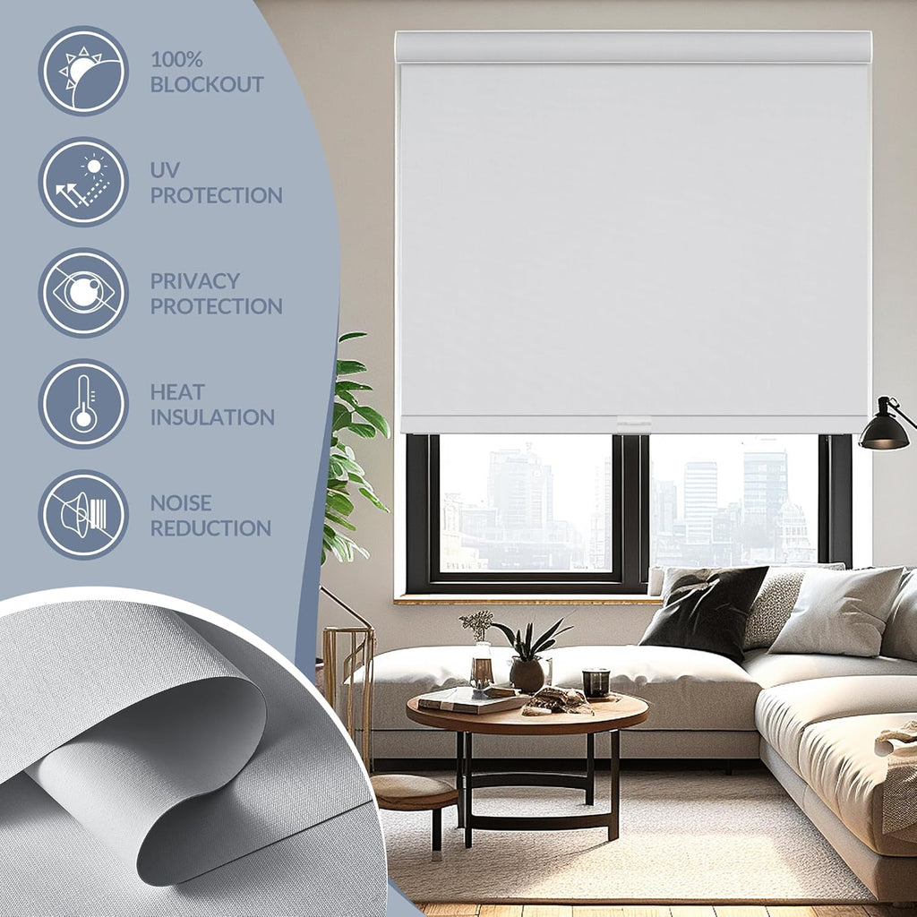 Boolegon Motorized Roller Blinds - 100% Blackout Smart Electric Shades with Remote, Compatible with Alexa/Google Home/HomeKit via Hub, Easy Install for Home Office, White, Custom Size.