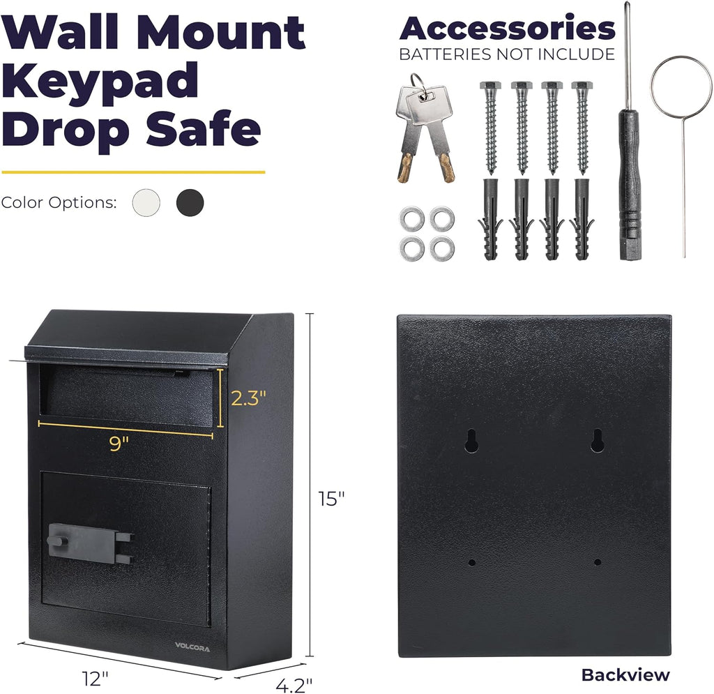 Volcora Key Drop Box with Lock, Drop Slot Depository Safe Box Digital Keypad, Outdoor Waterproof Money Drop Safe for Business, Cash Drop Box, Wall Mount Mailbox, Electronic Programmable Lock, Black