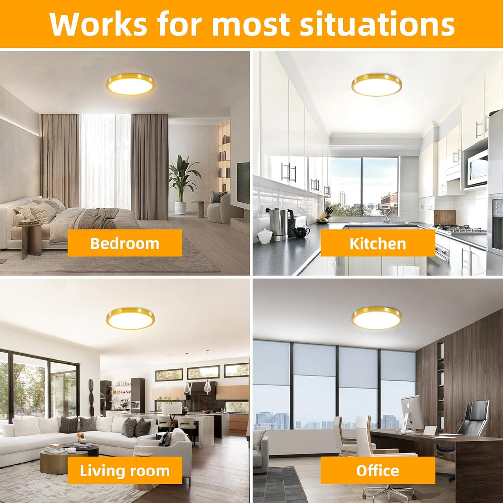 Hlite 6pack 12 inch Flush Mount LED Ceiling Light Fixture,24W 2400LM Super Slim Light Fixtures Ceiling Mount 3000K/4000K/5000K 3CCT Selectable,Light Fixtures for Kitchen,Bedroom (Gold)