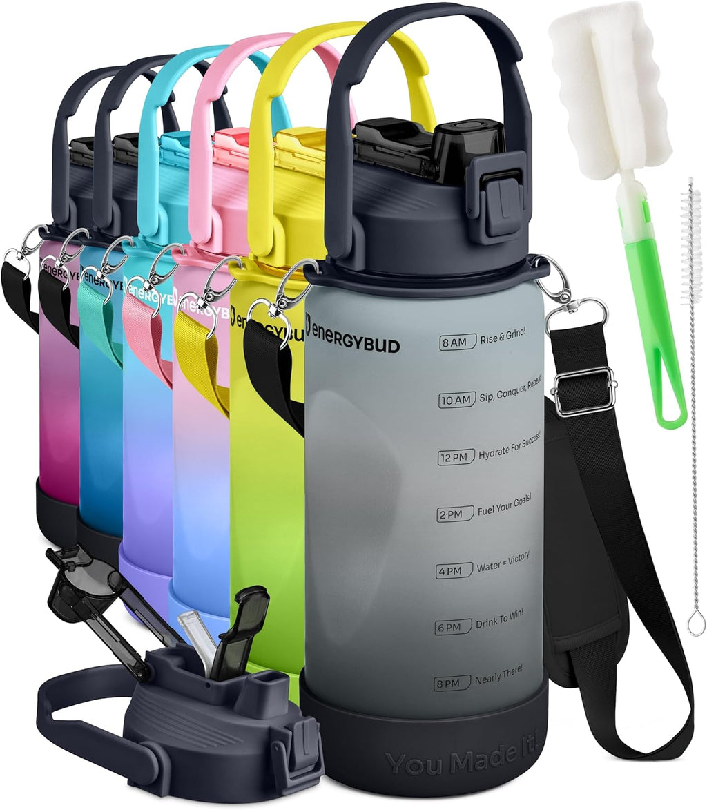 1/2 Gallon Water Bottle with 74.3 oz Capacity - Motivational Time Markers for Daily Hydration Goals - Leakproof BPA Free Tritan with Removable Straw