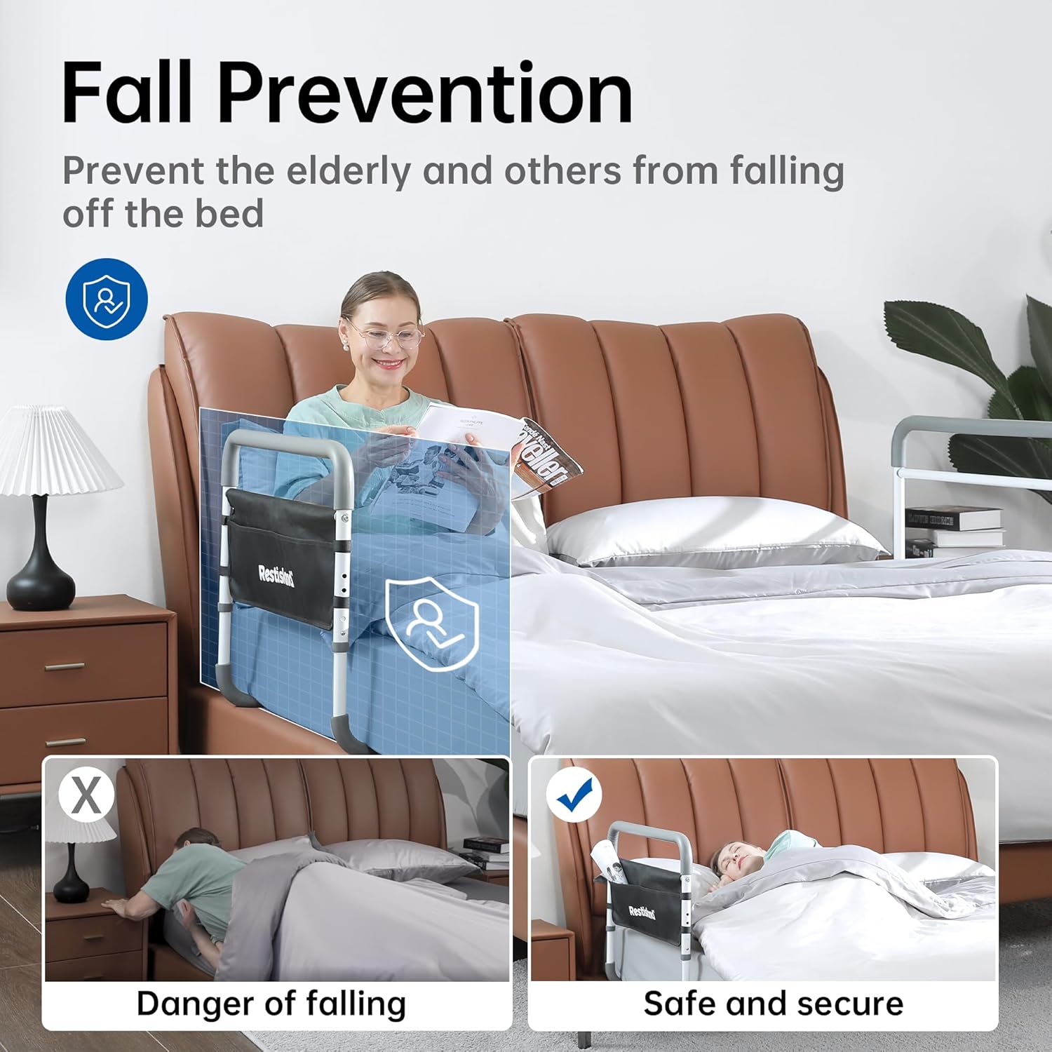Dual Bed Side Hand Rail, Bed Assist Rail Adjustable Medical Hospital Assistive Devices Bed Rails for Elderly Adults, Fits Queen, Full & Twin Beds