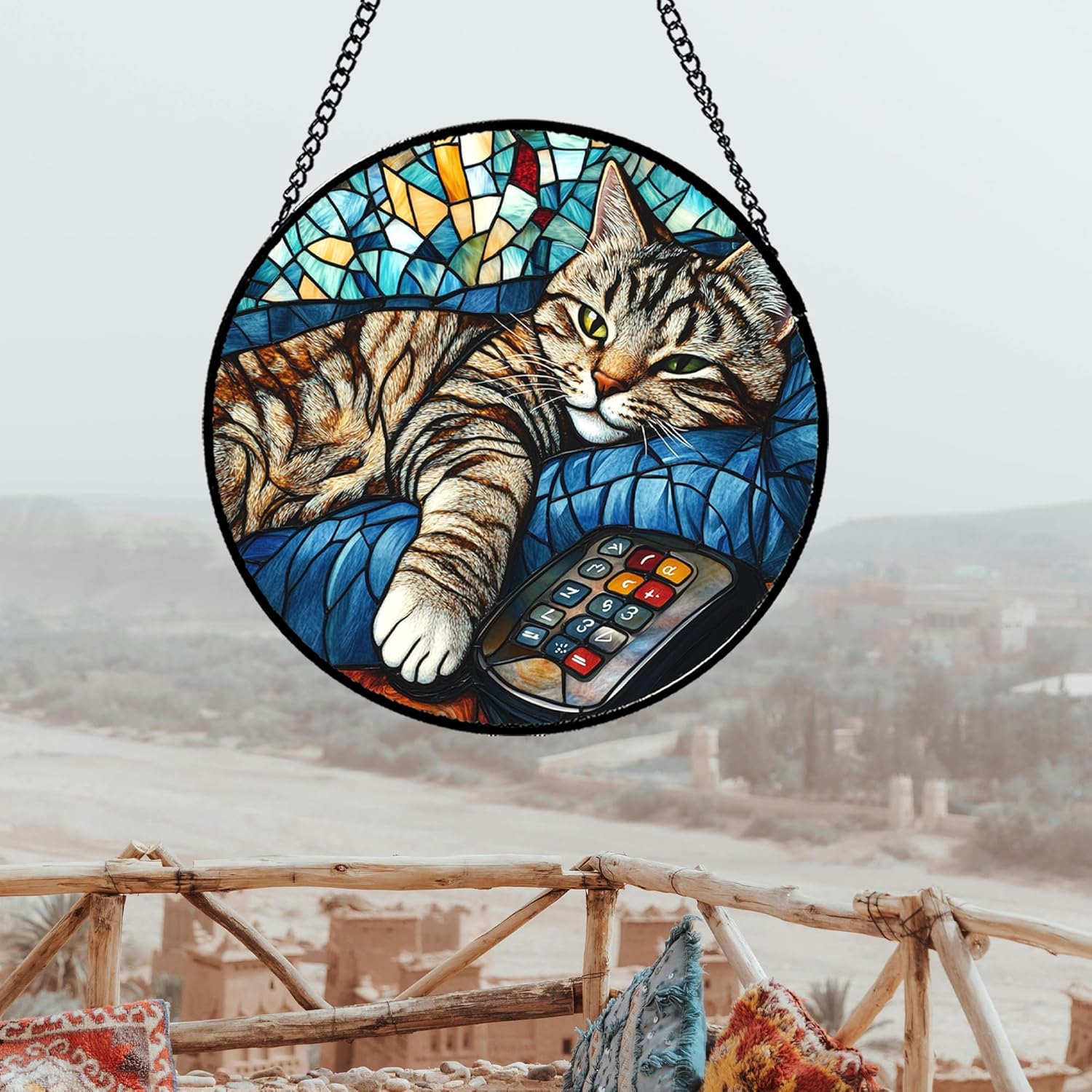 Stained Glass Window Hanging Gray Cat and Remote Control Large 11.8" - Suncatcher Door Garden Kitchen Sun Catcher Home Decor Birthday for Lost Pets Mom Men Woman Friend Grandma