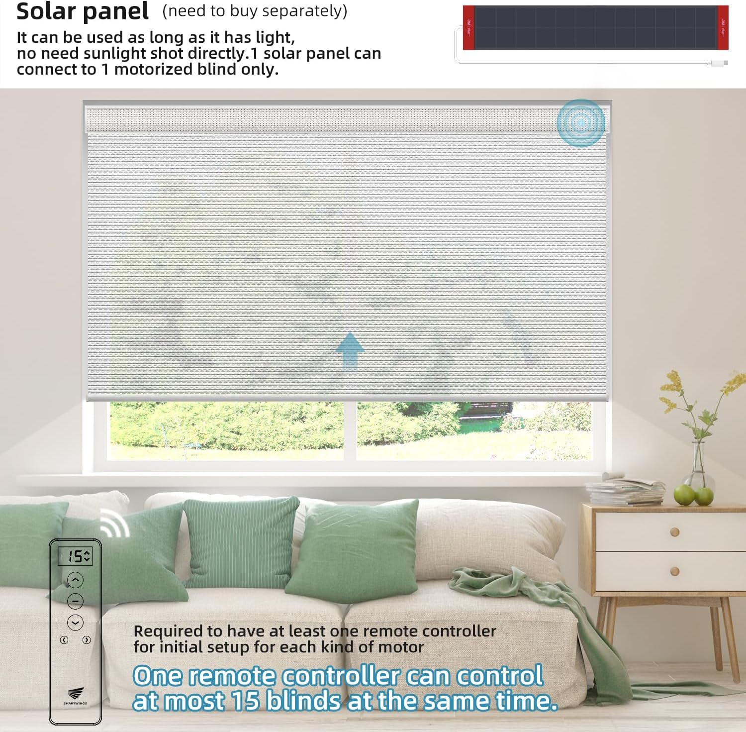 SmartWings Motorized Roller Shades 5% Openness Work with Homekit, Alexa SmartThings Google, Zigbee Motor Smart Blinds for Windows, Cordless Remote Control Window Shades, Rechargeable, Customized, Ice